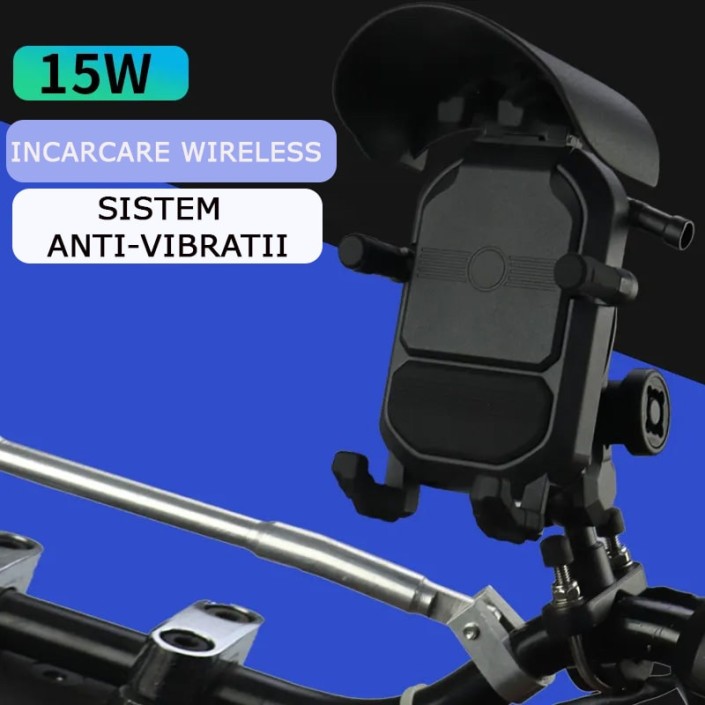 Suport telefon moto, atv, auto, sistem Antivibratii, incarcare wireless, fixare oglinda, cadru, universal Android si IOS, wireless charger cu incarcare de maxim 15W, include 2 tipuri de prindere