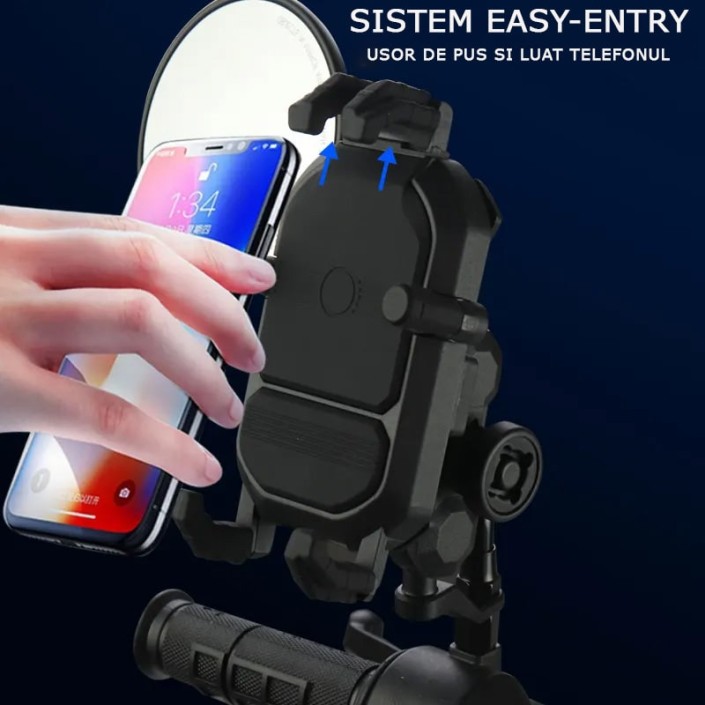 Suport telefon moto, atv, auto, sistem Antivibratii, incarcare wireless, fixare oglinda, cadru, universal Android si IOS, wireless charger cu incarcare de maxim 15W, include 2 tipuri de prindere