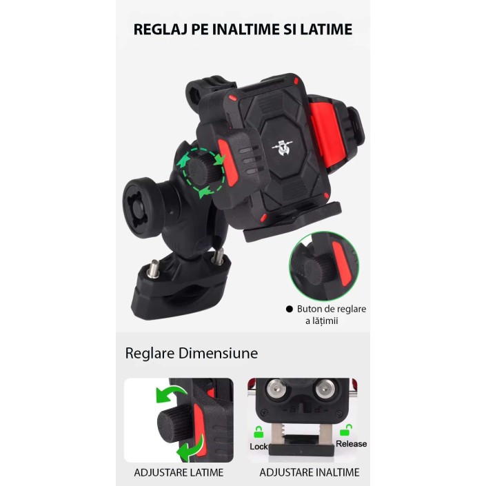 Suport Telefon Moto 2 Prinderi, Anti-Vibrații, Încărcare Wireless 15W si port Type-C