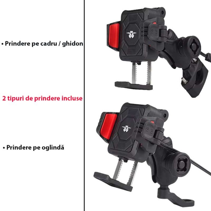 Suport Telefon Moto 2 Prinderi, Anti-Vibrații, Încărcare Wireless 15W si port Type-C