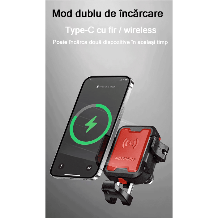 Suport Telefon Moto Motowolf cu Încărcare Wireless + Type-C – Aluminiu, Anti-Vibrații, Prindere Ghidon Suport Telefon Moto Motowolf cu Încărcare Wireless + Type-C – Aluminiu, Anti-Vibrații, Prindere Ghidon