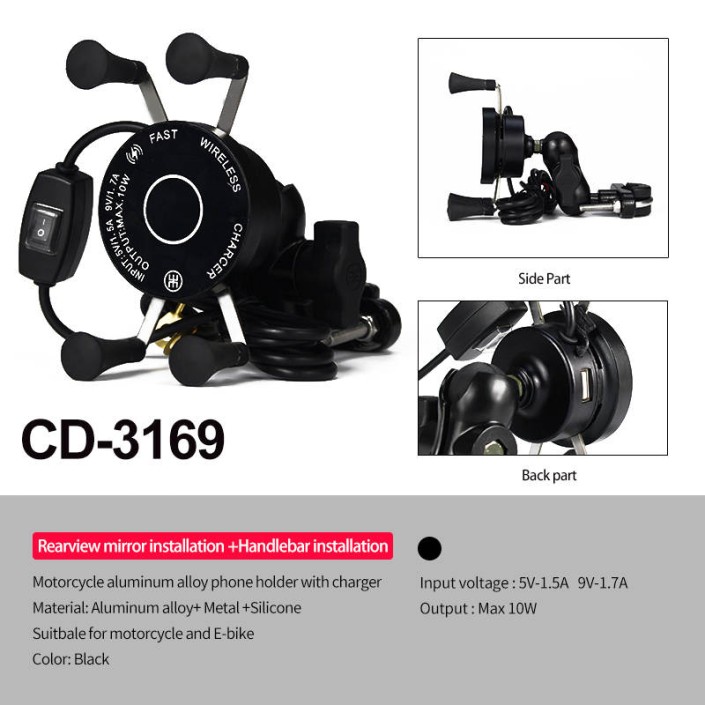Suport telefon moto,atv,auto,incarcare wireless 10W,fixare oglinda,cadru,universal Android si IOS, priza USB de 2.1 A, include 2 tipuri de prindere
