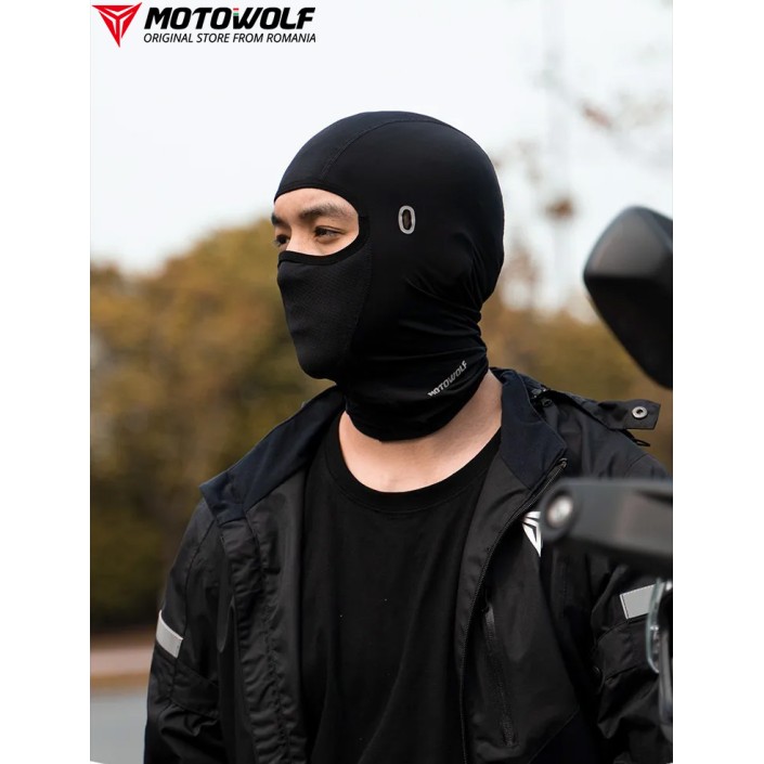 Cagula moto MOTOWOLF, rezistenta la vant si respirabila, material elastic soft, protectie soare, gauri ochelari, potrivit si pentru sporturi de iarna, Neagra