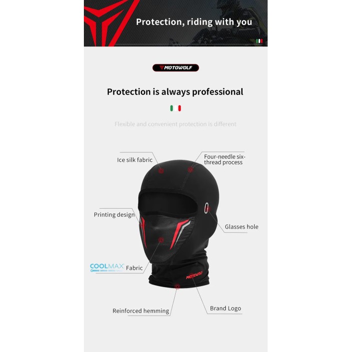 Cagula moto MOTOWOLF, rezistenta la vant si respirabila, material elastic soft, protectie soare, gauri ochelari, potrivit si pentru sporturi de iarna, Neagra