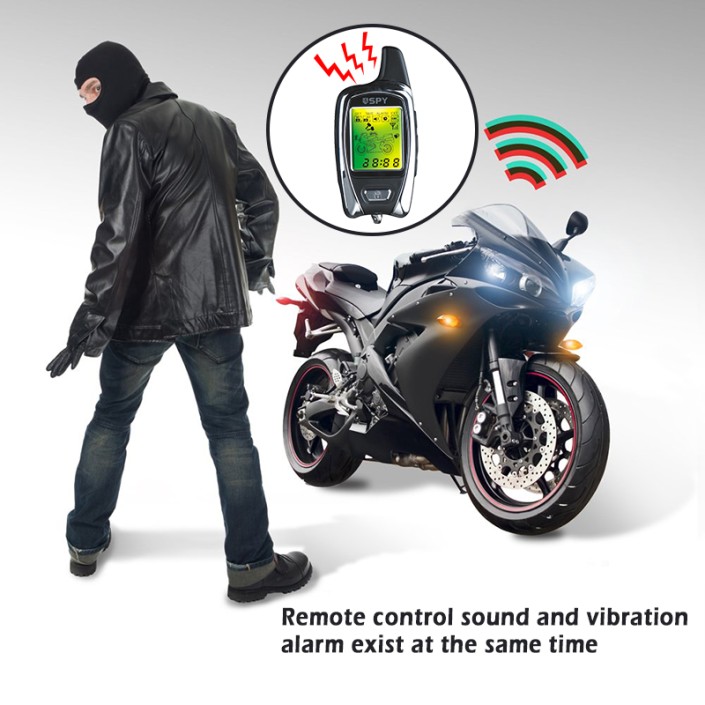 Alarma motocicleta, scuter, atv, functie pornire motor, senzor perimetru, senzor soc, actionare de la 5000 m, pager, 2 telecomenzi cu display Alarma motocicleta, scuter, atv, functie pornire motor, senzor perimetru, senzor soc, actionare de la 5000 m, pager, 2 telecomenzi cu display