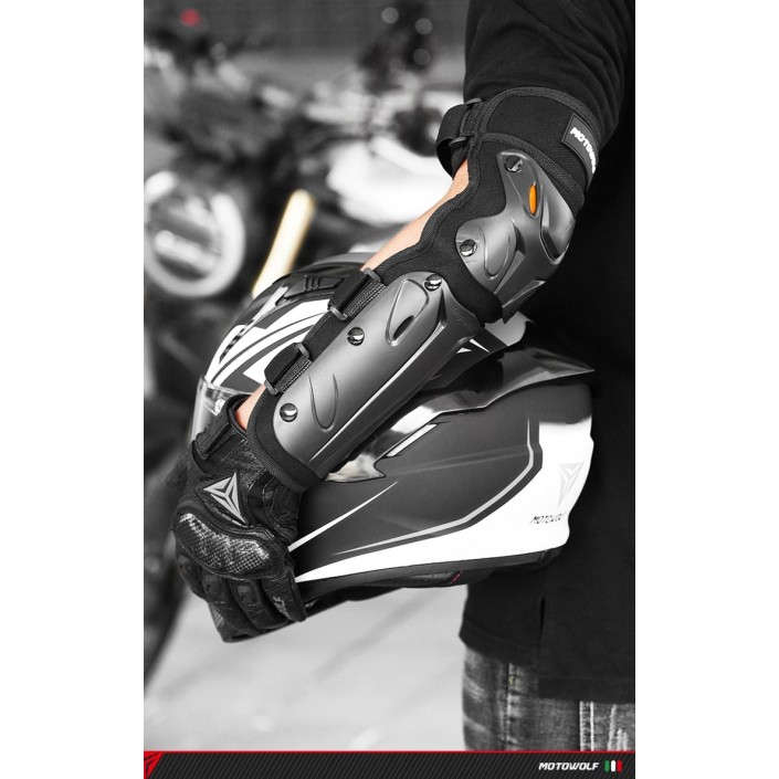 Set genunchiere si cotiere moto, adjustabile, prindere Velcro, eliberare rapida, ventilate, protectie Shell certificata CE, model 1010 long, Motowolf