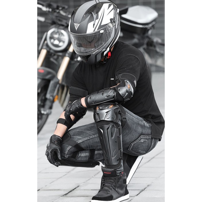 Set genunchiere si cotiere moto, adjustabile, prindere Velcro, eliberare rapida, ventilate, protectie Shell certificata CE, model 1010 long, Motowolf