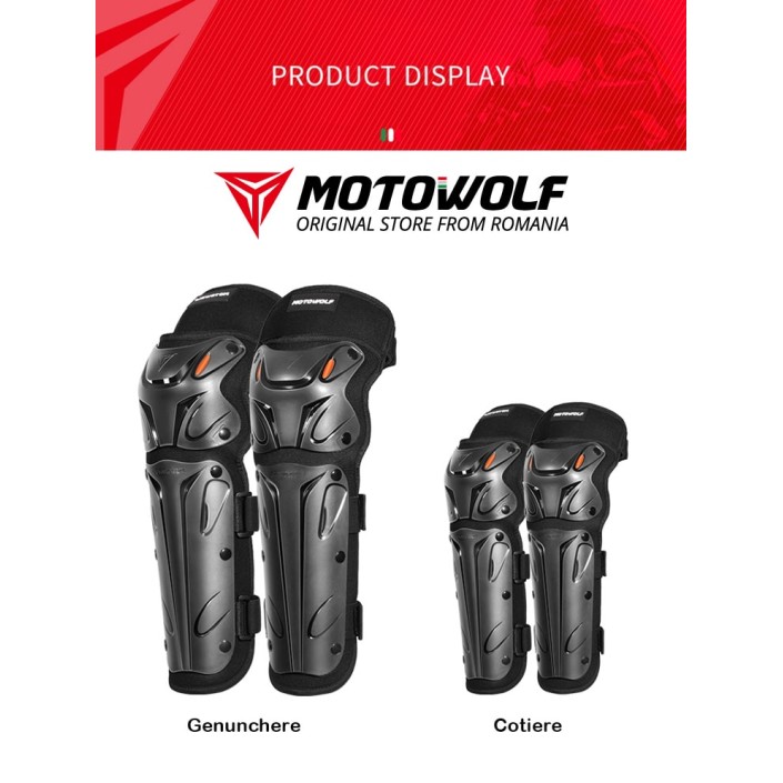 Set genunchiere si cotiere moto, adjustabile, prindere Velcro, eliberare rapida, ventilate, protectie Shell certificata CE, model 1010 long, Motowolf