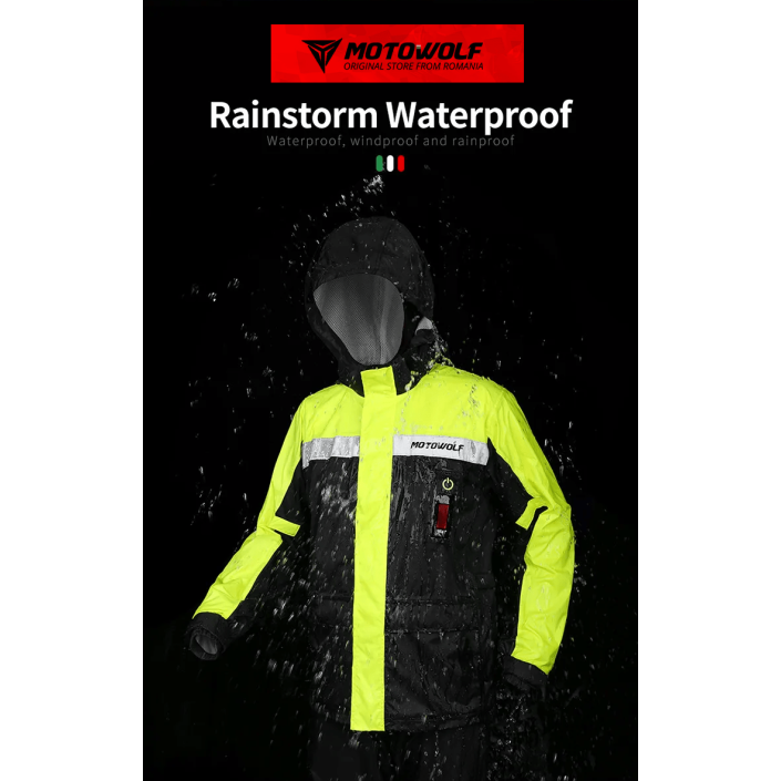 Geaca si pantaloni moto/atv impermeabili Motowolf, haina de ploaie cu lumina de avertizare, 210T densitate, protectie vant, 2 culori