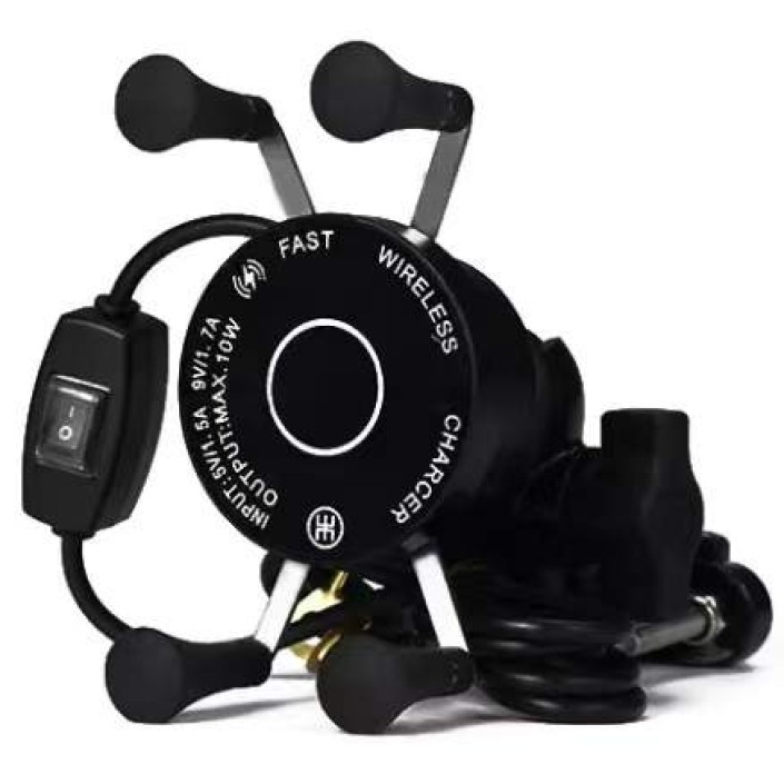 Suport telefon moto,atv,auto,incarcare wireless 10W,fixare oglinda,cadru,universal Android si IOS, priza USB de 2.1 A, include 2 tipuri de prindere