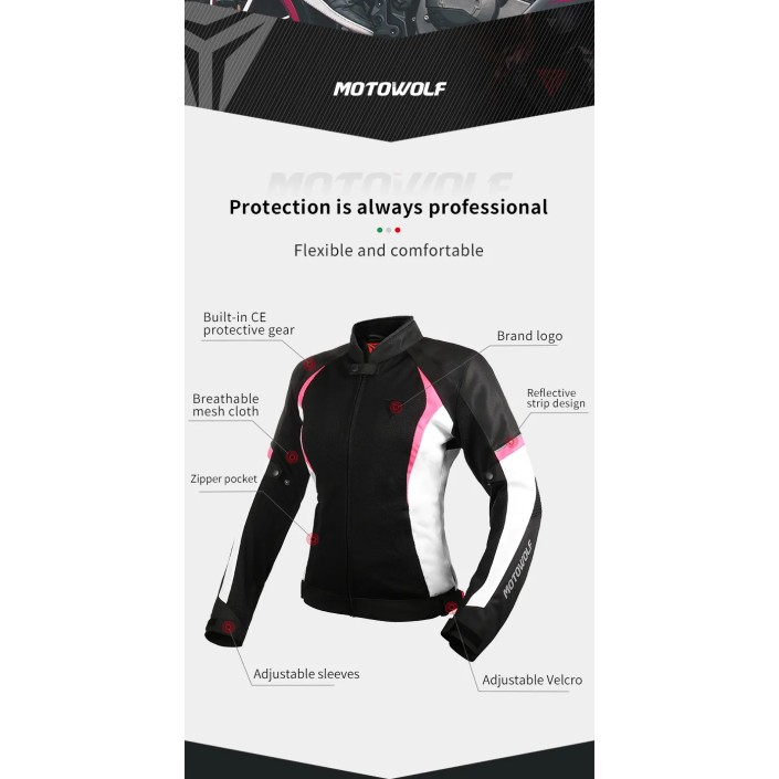 Geaca moto femei Motowolf, 600d Oxford, mesada C004, impermeabila, protectii spate,umeri,coate, respirabila, Roz