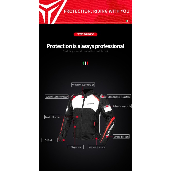 Geacă Moto MOTOWOLF rezistentă la apă din 600D Oxford, mesada detasabila, protectii umeri,coate si spate incluse certificate CE, buzunar interior, Rosu