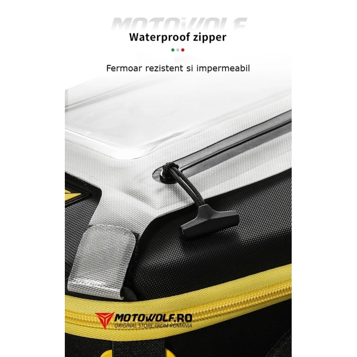 Geanta Moto Rezervor Motowolf Impermeabila cu Prindere Curea si Buzunar Touchscreen pentru telefon, Potrivita pentru Rezervor, Codita si ca ghiozdan moto, Include 2 Prinderi