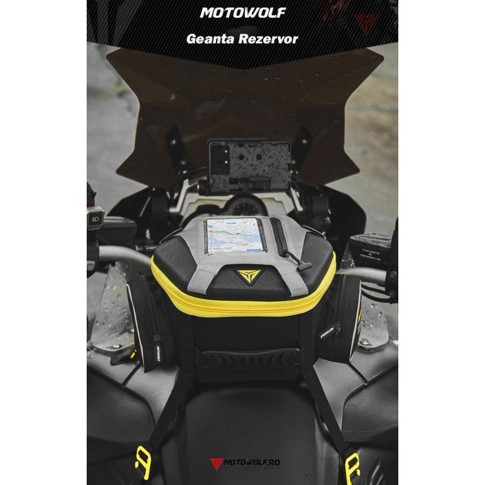 Geanta Moto Rezervor Motowolf Impermeabila cu Prindere Curea si Buzunar Touchscreen pentru telefon, Potrivita pentru Rezervor, Codita si ca ghiozdan moto, Include 2 Prinderi