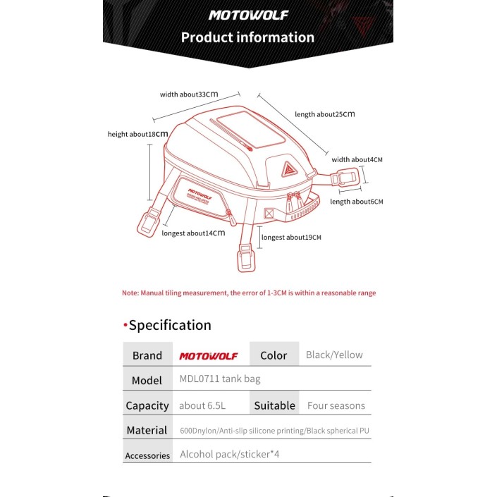 Geanta Moto Rezervor Motowolf Impermeabila cu Prindere Curea si Buzunar Touchscreen pentru telefon, Potrivita pentru Rezervor, Codita si ca ghiozdan moto, Include 2 Prinderi