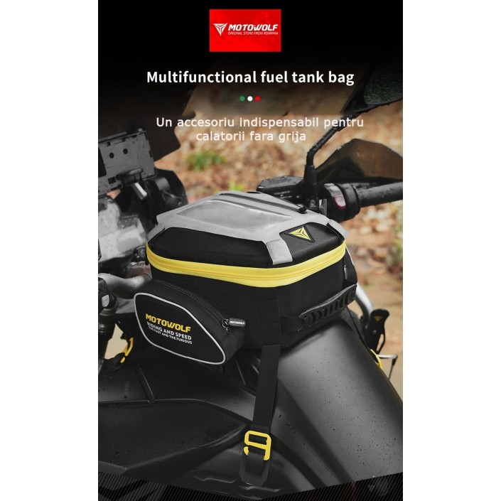 Geanta Moto Rezervor Motowolf Impermeabila cu Prindere Curea si Buzunar Touchscreen pentru telefon, Potrivita pentru Rezervor, Codita si ca ghiozdan moto, Include 2 Prinderi