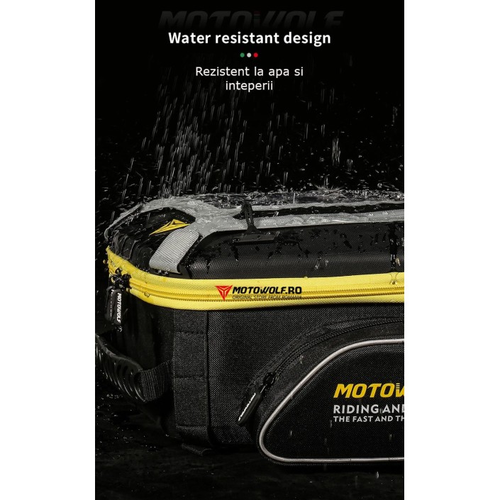 Geanta Moto Rezervor Motowolf Impermeabila cu Prindere Curea si Buzunar Touchscreen pentru telefon, Potrivita pentru Rezervor, Codita si ca ghiozdan moto, Include 2 Prinderi