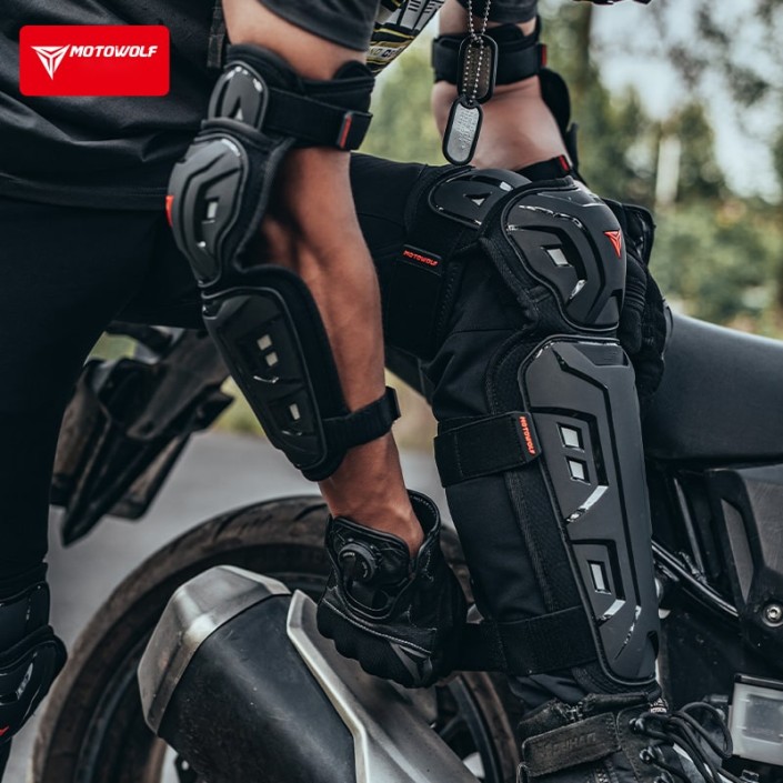 Set genunchiere si cotiere moto, adjustabile, prindere Velcro, eliberare rapida, ventilate, protectie Shell certificata CE, model 1029, Motowolf