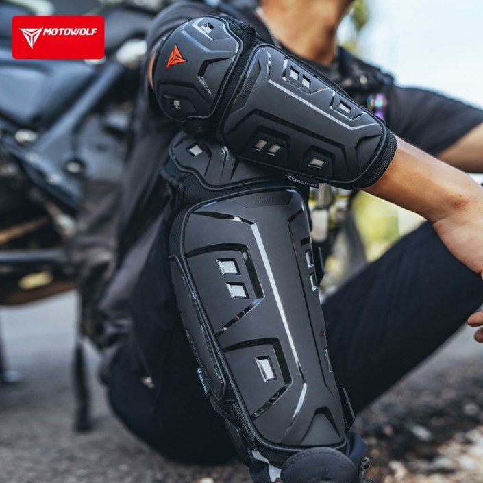 Set genunchiere si cotiere moto, adjustabile, prindere Velcro, eliberare rapida, ventilate, protectie Shell certificata CE, model 1029, Motowolf