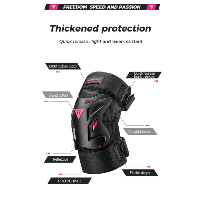 Set protectii moto pentru femei MOTOWOLF - genunchere si cotiere, ajustabile, 4 piese, PP Shell, 600D oxford, quick release Set protectii moto pentru femei MOTOWOLF - genunchere si cotiere, ajustabile, 4 piese, PP Shell, 600D oxford, quick release