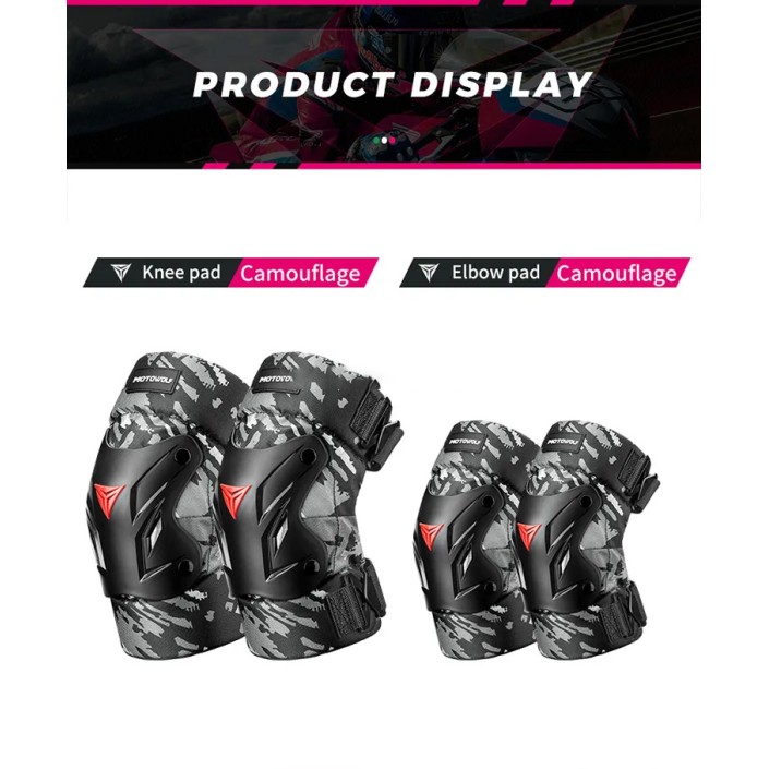 Set protectii moto pentru femei MOTOWOLF - genunchere si cotiere, ajustabile, 4 piese, PP Shell, 600D oxford, quick release Set protectii moto pentru femei MOTOWOLF - genunchere si cotiere, ajustabile, 4 piese, PP Shell, 600D oxford, quick release