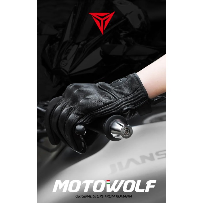 Manusi moto/atv/bicicleta piele cu aerisire Motowolf, protectie carbon, touchscreen, confort, inchidere velcro, Negru