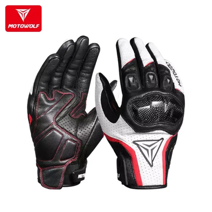 Manusi moto/atv/bicicleta piele MotoWolf, protectie carbon, touchscreen, Airmatic, Alb
