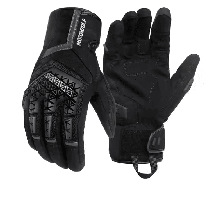 Manusi moto din microfibră antiderapantă și protecție avansată, Motowolf, Confort și control excelent, compatibile cu ecranele telefoanelor, protectii TPR, respirabile, Negru