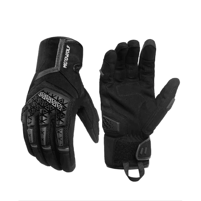 Manusi moto din microfibră antiderapantă și protecție avansată, Motowolf, Confort și control excelent, compatibile cu ecranele telefoanelor, protectii TPR, respirabile, Negru