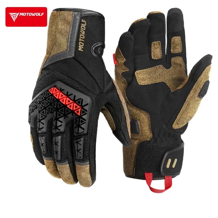 Manusi moto din microfibră antiderapantă și protecție avansată, Motowolf, Confort și control excelent, compatibile cu ecranele telefoanelor, protectii TPR, respirabile, Maro 