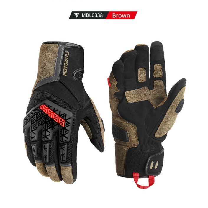 Manusi moto din microfibră antiderapantă și protecție avansată, Motowolf, Confort și control excelent, compatibile cu ecranele telefoanelor, protectii TPR, respirabile, Maro 