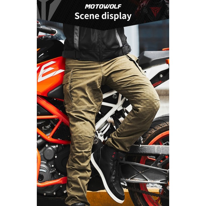 Pantaloni moto cu protectii certificate CE, protectii incluse ajustabile si detasabile, buzunare multiple, Maro