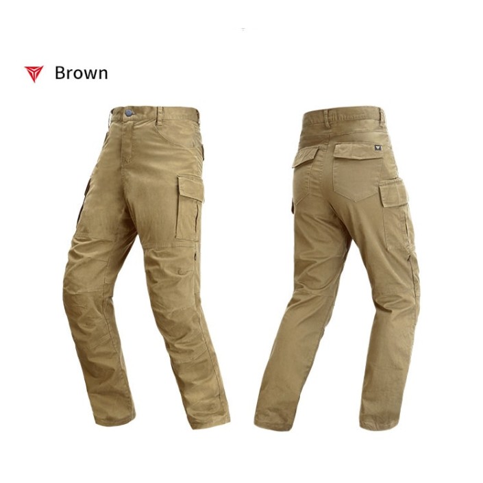 Pantaloni moto cu protectii certificate CE, protectii incluse ajustabile si detasabile, buzunare multiple, Maro