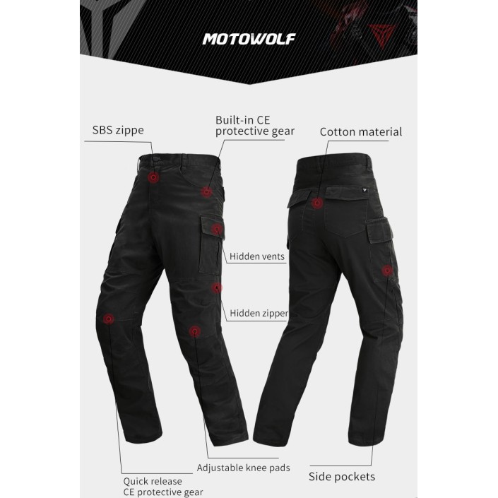 Pantaloni moto cu protectii certificate CE, protectii incluse ajustabile si detasabile, buzunare multiple, Negru Pantaloni moto cu protectii certificate CE, protectii incluse ajustabile si detasabile, buzunare multiple, Negru