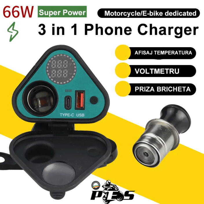Priză USB, Type-C, bricheta 66W pentru motociclete, ATV-uri și scutere – Încărcare rapidă, voltmetru, senzor de temperatură și capac impermeabil