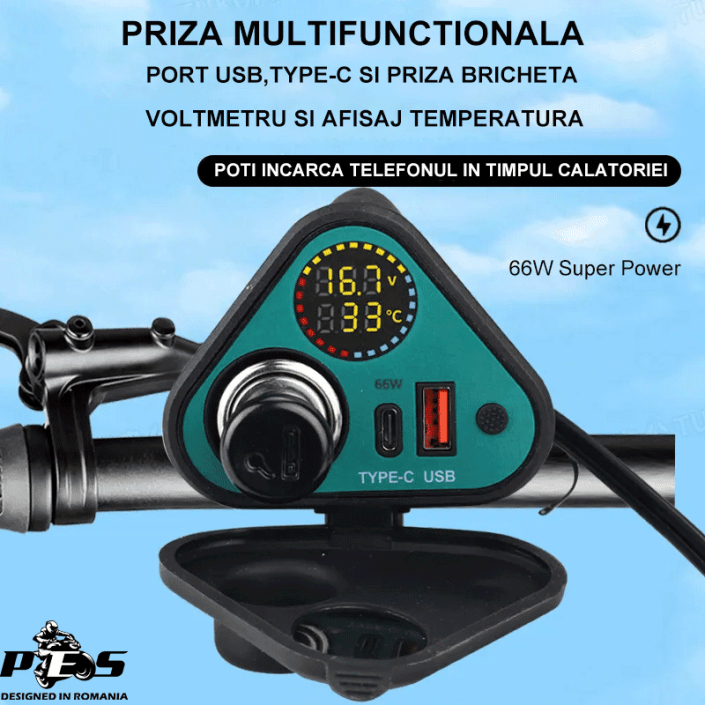 Priză USB, Type-C, bricheta 66W pentru motociclete, ATV-uri și scutere – Încărcare rapidă, voltmetru, senzor de temperatură și capac impermeabil