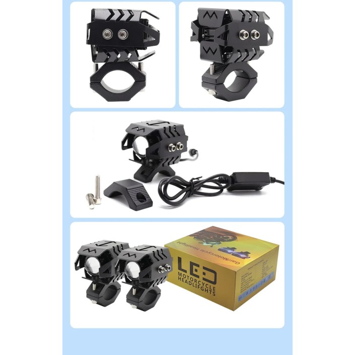 Set 2 proiectoare moto LED cu putere mare, rezistente la apă, corp aluminiu, 2 culori, 6500K, prindere cadru Set 2 proiectoare moto LED cu putere mare, rezistente la apă, corp aluminiu, 2 culori, 6500K, prindere cadru