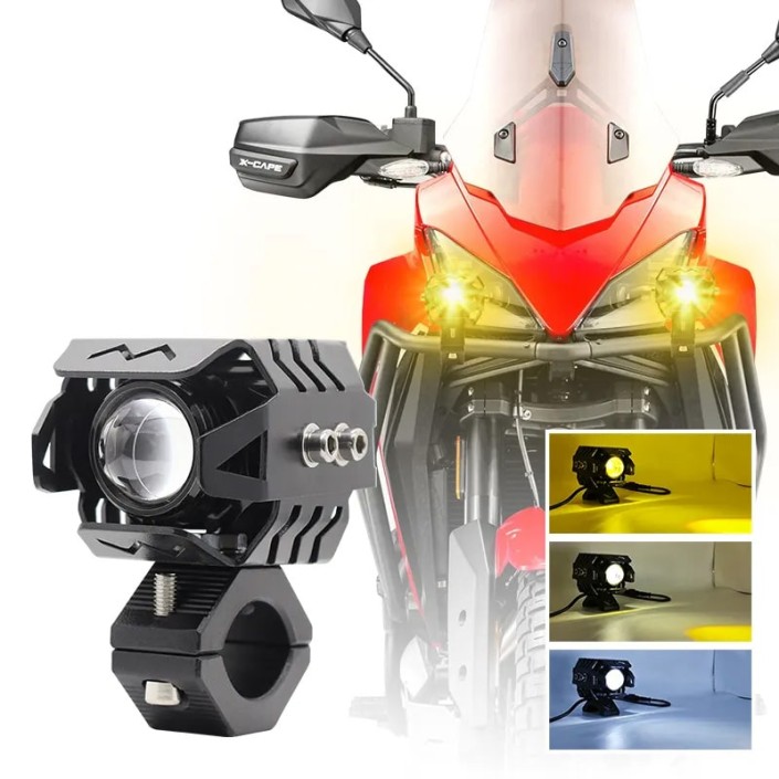 Set 2 proiectoare moto LED cu putere mare, rezistente la apă, corp aluminiu, 2 culori, 6500K, prindere cadru Set 2 proiectoare moto LED cu putere mare, rezistente la apă, corp aluminiu, 2 culori, 6500K, prindere cadru
