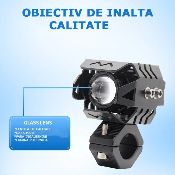Set 2 proiectoare moto LED cu putere mare, rezistente la apă, corp aluminiu, 2 culori, 6500K, prindere cadru Set 2 proiectoare moto LED cu putere mare, rezistente la apă, corp aluminiu, 2 culori, 6500K, prindere cadru