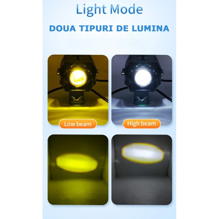 Set 2 proiectoare moto LED cu putere mare, rezistente la apă, corp aluminiu, 2 culori, 6500K, prindere cadru Set 2 proiectoare moto LED cu putere mare, rezistente la apă, corp aluminiu, 2 culori, 6500K, prindere cadru