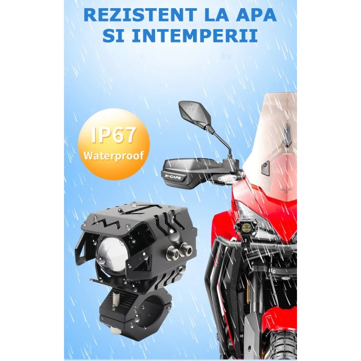 Set 2 proiectoare moto LED cu putere mare, rezistente la apă, corp aluminiu, 2 culori, 6500K, prindere cadru Set 2 proiectoare moto LED cu putere mare, rezistente la apă, corp aluminiu, 2 culori, 6500K, prindere cadru