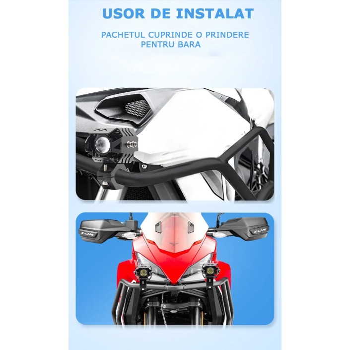 Set 2 proiectoare moto LED cu putere mare, rezistente la apă, corp aluminiu, 2 culori, 6500K, prindere cadru Set 2 proiectoare moto LED cu putere mare, rezistente la apă, corp aluminiu, 2 culori, 6500K, prindere cadru