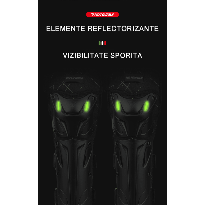 Set genunchiere si cotiere moto, adjustabile, prindere Velcro, eliberare rapida, ventilate, certificate CE, model 1010 long, Verde, Motowolf
