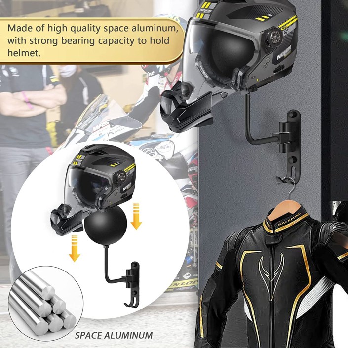 Suport de perete pentru casca moto, palarie, geaca moto, reglabil 180°, anticoroziune, Pes Holding Suport de perete pentru casca moto, palarie, geaca moto, reglabil 180°, anticoroziune, Pes Holding