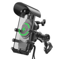 Suport telefon moto, atv, scuter cu sistem antivibrații, încărcare wireless și porturi USB și Type-C, prindere ghidon/oglinda