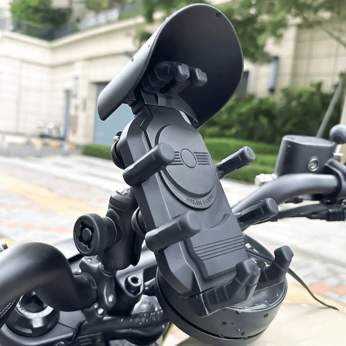Suport telefon moto, atv, scuter cu sistem antivibrații, încărcare wireless și porturi USB și Type-C, prindere ghidon/oglinda Suport telefon moto, atv, scuter cu sistem antivibrații, încărcare wireless și porturi USB și Type-C, prindere ghidon/oglinda