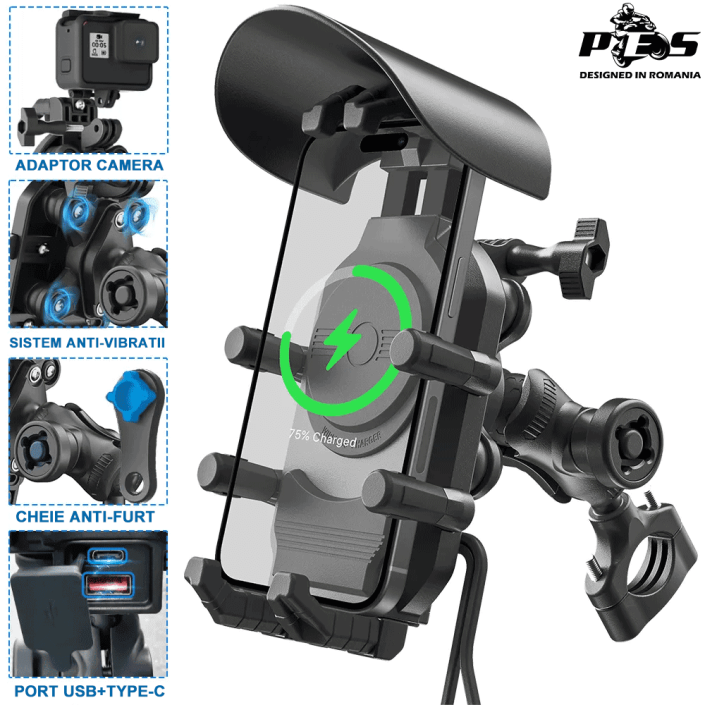 Suport telefon moto, atv, scuter cu sistem antivibrații, încărcare wireless și porturi USB și Type-C, prindere ghidon/oglinda Suport telefon moto, atv, scuter cu sistem antivibrații, încărcare wireless și porturi USB și Type-C, prindere ghidon/oglinda