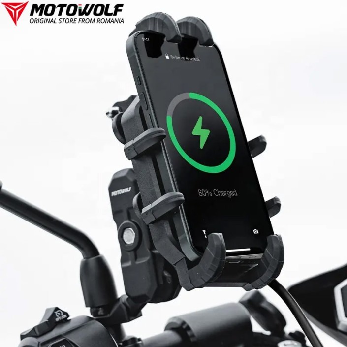 Suport Telefon Moto, atv, scuter antivibratii MOTOWOLF cu incarcare wireless si port Usb, Universal, Robust , prindere cadru Suport Telefon Moto, atv, scuter antivibratii MOTOWOLF cu incarcare wireless si port Usb, Universal, Robust , prindere cadru