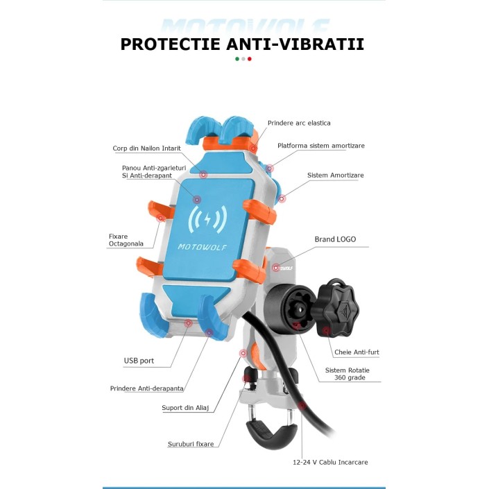 Suport Telefon Moto, atv, scuter antivibratii MOTOWOLF cu incarcare wireless si port Usb, Universal, Robust , prindere cadru Suport Telefon Moto, atv, scuter antivibratii MOTOWOLF cu incarcare wireless si port Usb, Universal, Robust , prindere cadru