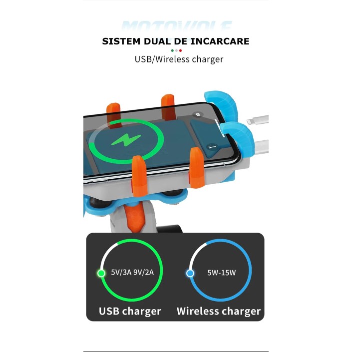 Suport Telefon Moto, atv, scuter antivibratii MOTOWOLF cu incarcare wireless si port Usb, Universal, Robust , prindere cadru Suport Telefon Moto, atv, scuter antivibratii MOTOWOLF cu incarcare wireless si port Usb, Universal, Robust , prindere cadru